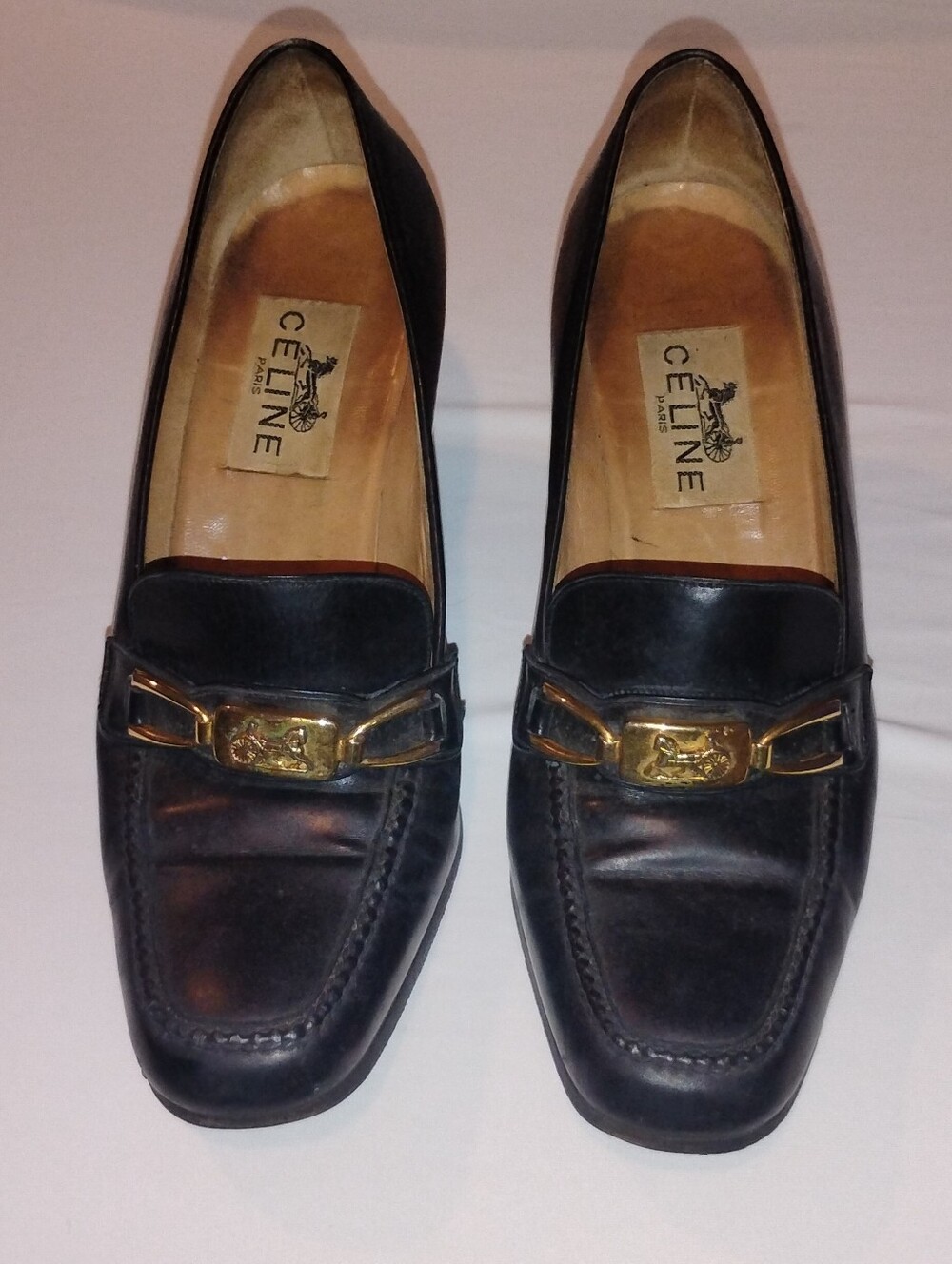 Celine Vintage Black Leather Gold-Accent Loafers Size 5.5